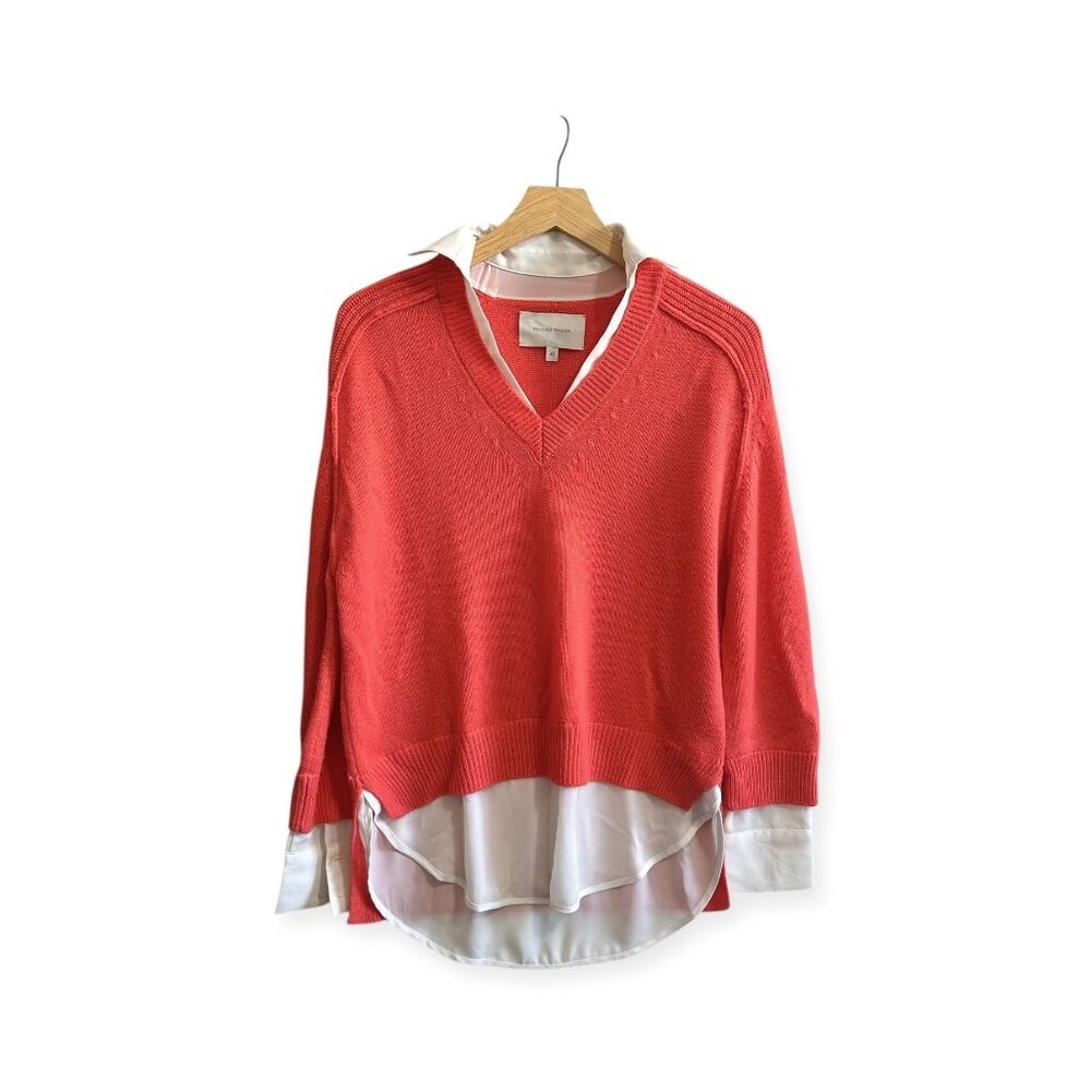 Brochu Walker The Looker Layered V-Neck Pullover Sweater. Size XS,  Coral, white